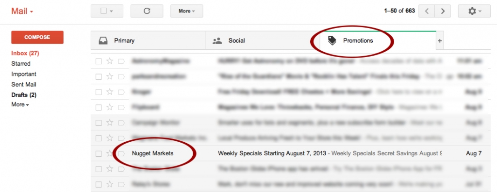 Screen capture of Gmail’s new promotions tab